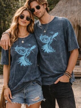 Rhea Hummingbird Graphic Tee Petrol Blue Acid Wash Unisex XL NWT Boho